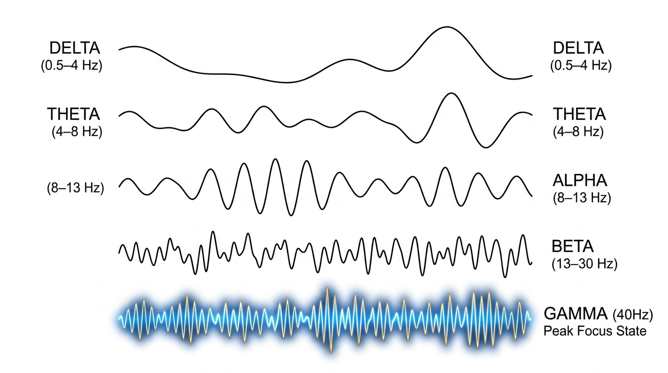 Brainwave frequency chart from Delta to Gamma, with 40Hz Gamma highlighted as the Peak Focus State