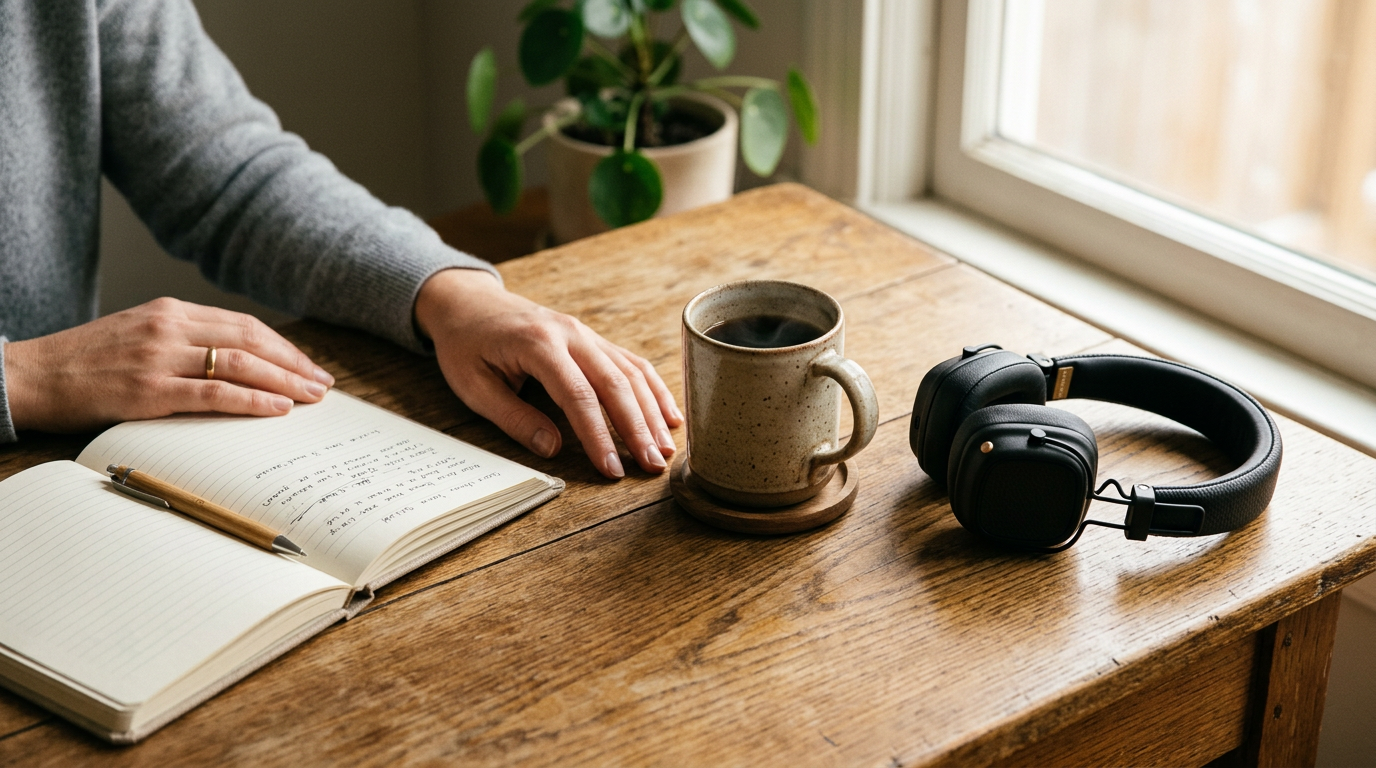 Morning ritual with headphones, coffee and notebook on a wooden desk